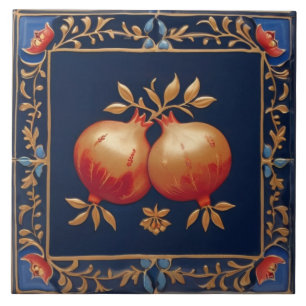 Blue & Gold Pomegranates Pink Red Pomegranate Ceramic Tile