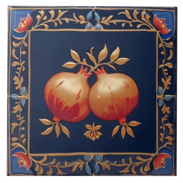 Blue & Gold Pomegranates Pink Red Pomegranate Ceramic Tile (Front)