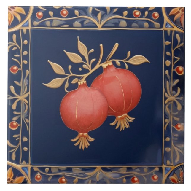 Blue & Gold Pomegranates Pink Red Pomegranate Ceramic Tile (Front)