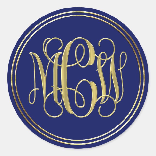 Blue Gold Preppy Vine Script Monogram DIY BG Classic Round Sticker (Front)