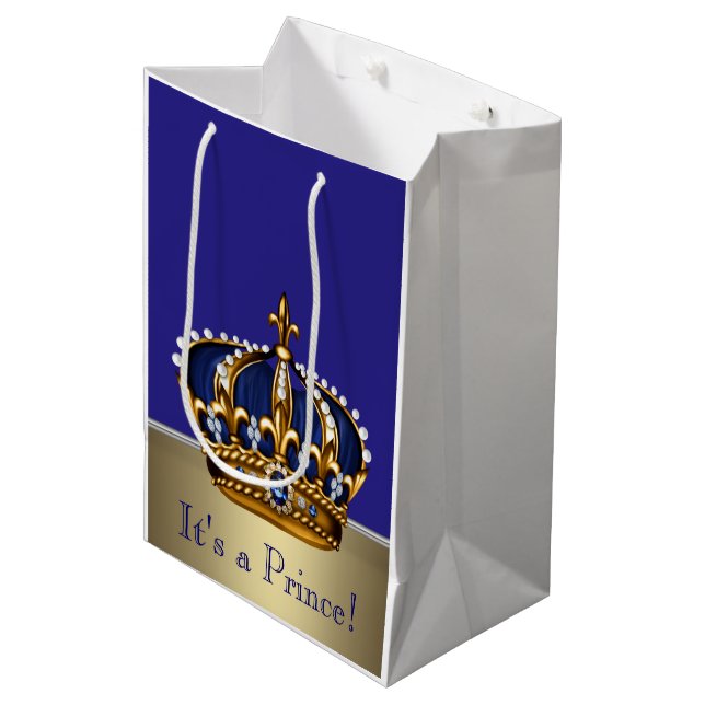 Blue Gold Prince Baby Shower Medium Gift Bag (Front Angled)