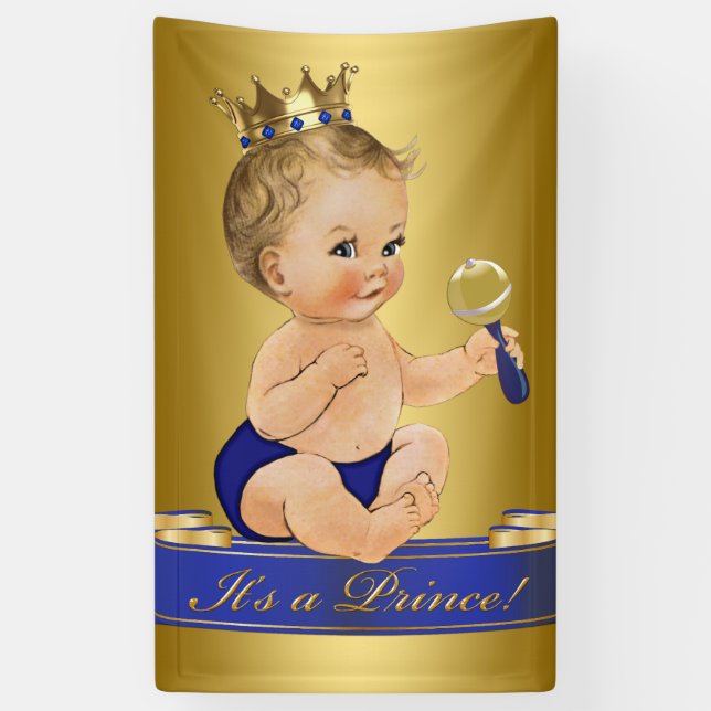 Blue Gold Prince Boy Baby Shower Banner (Vertical)