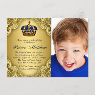 Blue Gold Prince Crown Prince Birthday Party Invitation