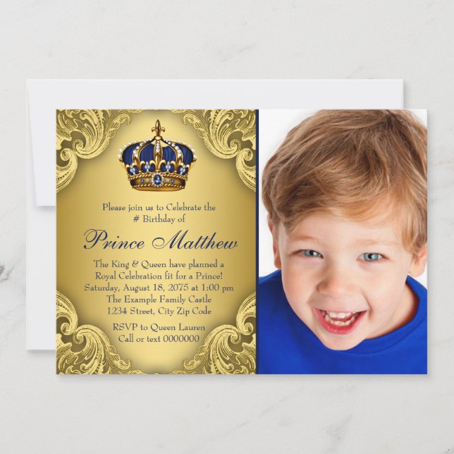 Blue Gold Prince Crown Prince Birthday Party Invitation (Front)