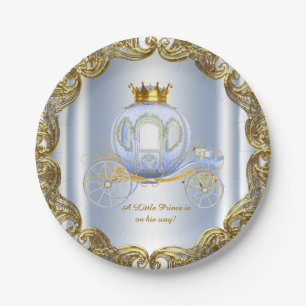 Blue Gold Prince Royal Carriage Prince Baby Shower Paper Plate