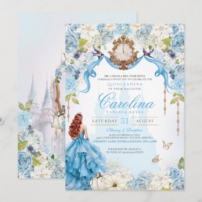 Blue Gold Princess Cinderella Royal Quinceanera Invitation (Front/Back)