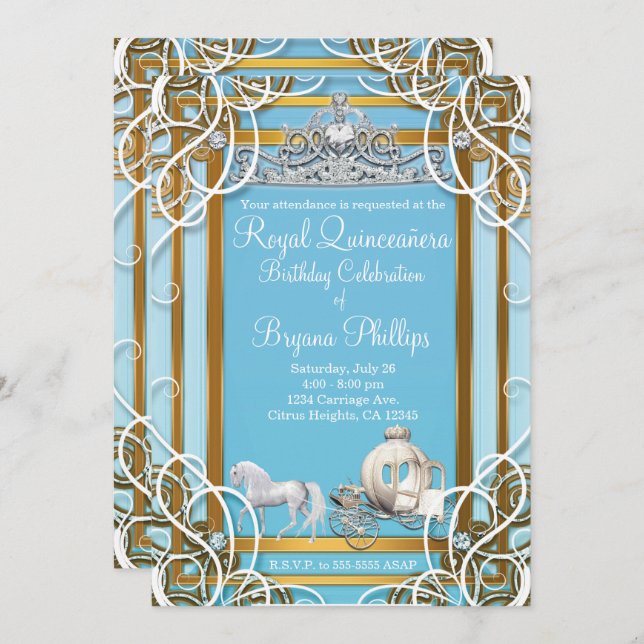 Blue Gold Princess Crown & Carriage Quinceañera Invitation (Front/Back)
