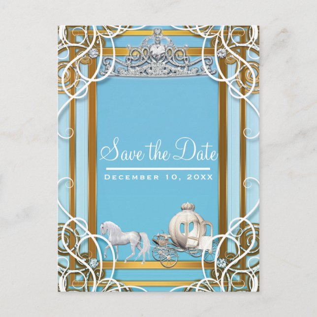 Blue Gold Princess Crown & Carriage Save the Date Announcement Postcard (Front)
