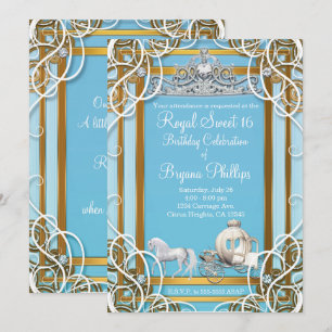 Blue Gold Princess Crown & Carriage Sweet 16 Party Invitation