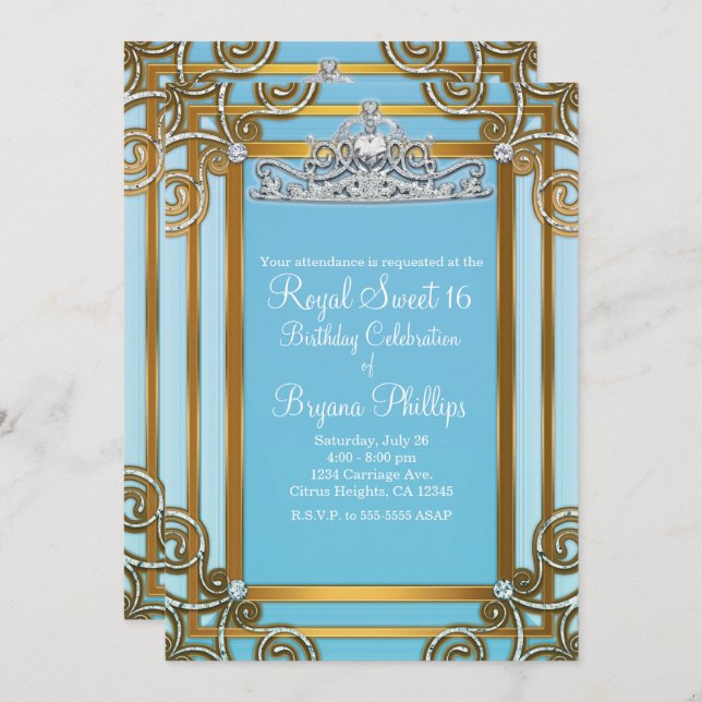 Blue & Gold Princess Crown Tiara Sweet 16 Party Invitation (Front/Back)