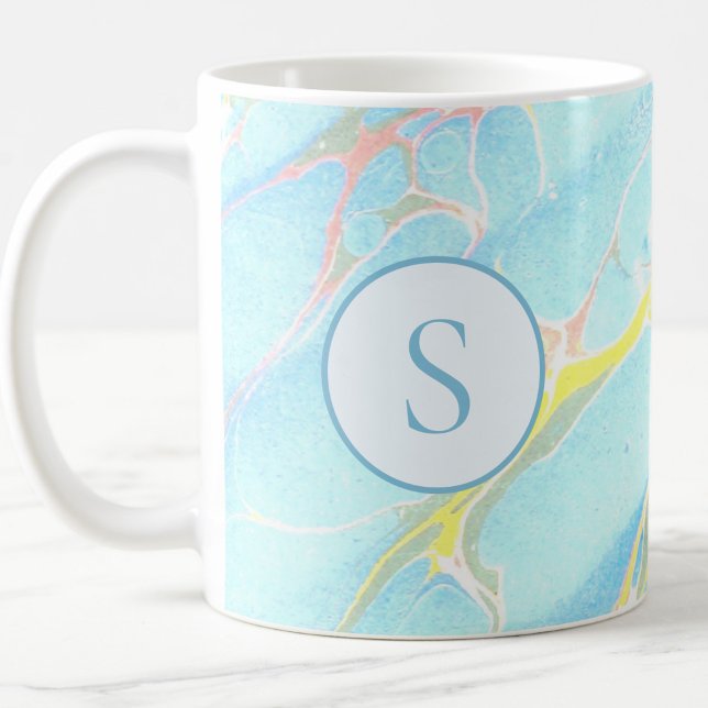 Blue Gold Printed Marble Pattern Custom Monogram Coffee Mug (Creator Uploaded)