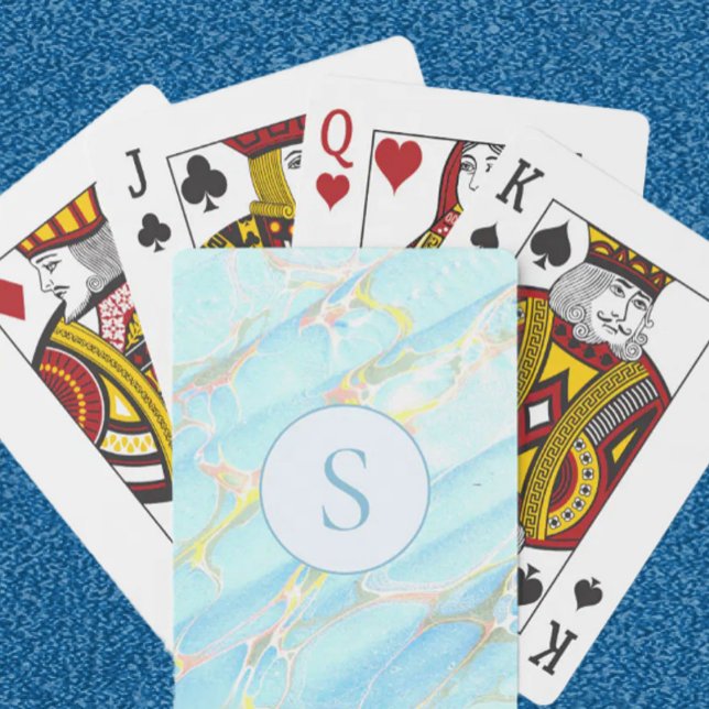 Blue Gold Printed Marble Pattern Custom Monogram Playing Cards (Creator Uploaded)