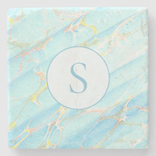 Blue Gold Printed Marble Pattern Custom Monogram Stone Coaster