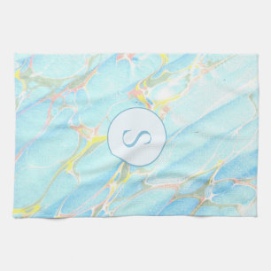 Blue Gold Printed Marble Pattern Custom Monogram Tea Towel