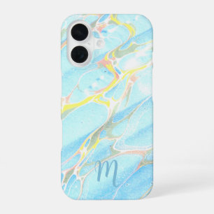 Blue Gold Printed Marble Summer Custom Monogram iPhone 16 Case