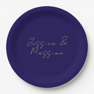 Blue & Gold Professional Trendy Minimalist Names Paper Plate