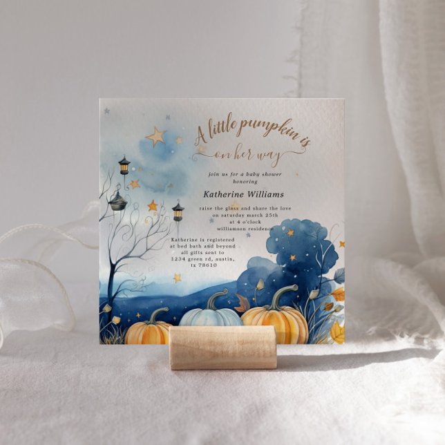 Blue Gold Pumpkin Autumn Baby Shower Invitation (Creator Uploaded)