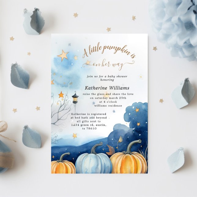 Blue Gold Pumpkin Autumn Baby Shower Invitation (Creator Uploaded)