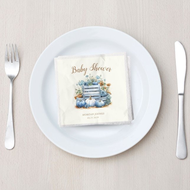 Blue Gold Pumpkin Autumn Baby Shower Napkin (Creator Uploaded)