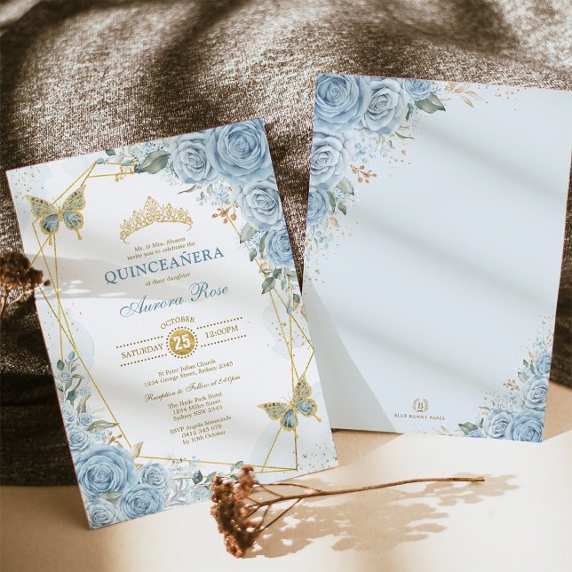 Blue Gold Quinceañera Butterfly Geometric Frame Invitation (Creator Uploaded)