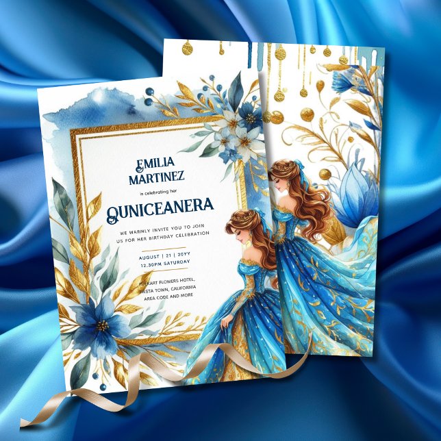 Blue Gold Quinceañera Dress  Invitation (Creator Uploaded)