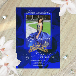 Blue, Gold Quinceanera Rhinestone Tiara Invitation