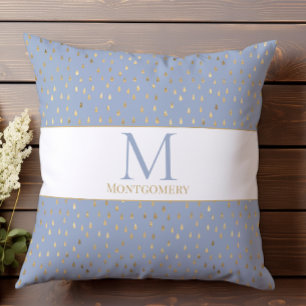Blue Gold Raindrop Modern Trendy Monogram Cushion