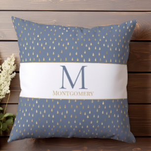 Blue Gold Raindrop Modern Trendy Monogram Cushion