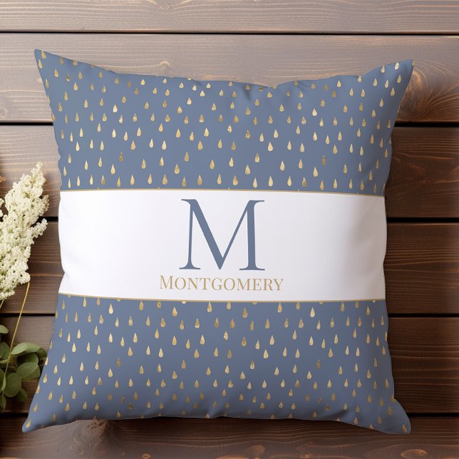 Blue Gold Raindrop Modern Trendy Monogram Cushion (Creator Uploaded)