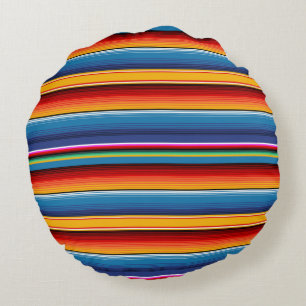 Blue Gold Red Mexican Sarape Round Cushion
