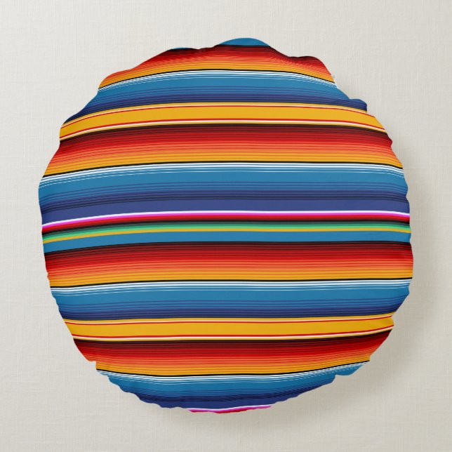 Blue Gold Red Mexican Sarape Round Cushion (Back)