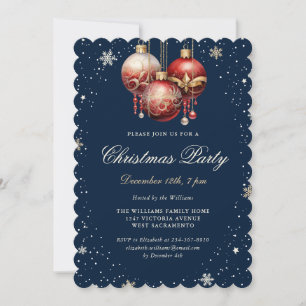 Blue Gold Red Ornaments Christmas Party Invitation