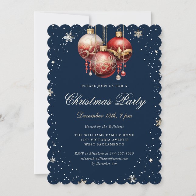 Blue Gold Red Ornaments Christmas Party Invitation (Front)