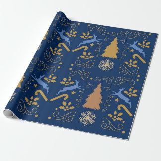 Blue Gold Reindeer Christmas  Wrapping Paper