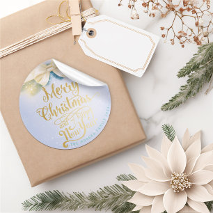 Blue Gold Ribbon Christmas Happy New Year Greeting Classic Round Sticker