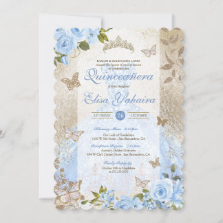 Blue Gold Rose Butterfly Glam Princess Quinceañera Invitation