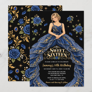 Blue Gold Rose Sweet Sixteen Birthday Invitation
