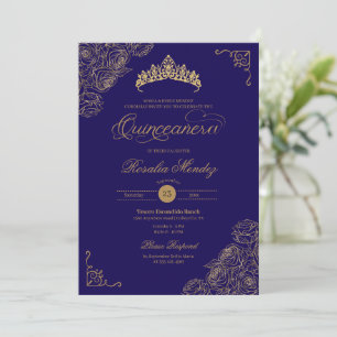 Blue & Gold Roses Elegant Quinceañera Invitation