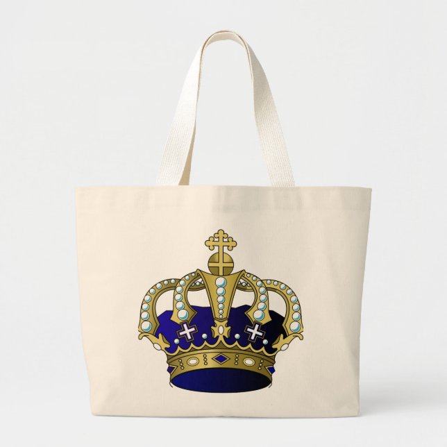 Blue & Gold Royal Crown Large Tote Bag (Front)