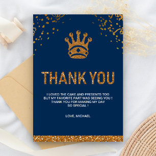 Blue Gold Royal Prince Crown Birthday Party Thank You Card