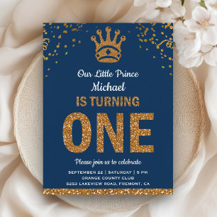 Blue Gold Royal Prince First Birthday Invitation Postcard