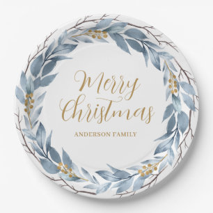 Blue Gold Rustic Personalised Christmas Paper Plate