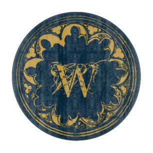 Blue & Gold Rustic Vintage Distressed Monogram  Cutting Board
