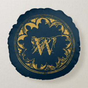 Blue & Gold Rustic Vintage Distressed Monogram Round Cushion