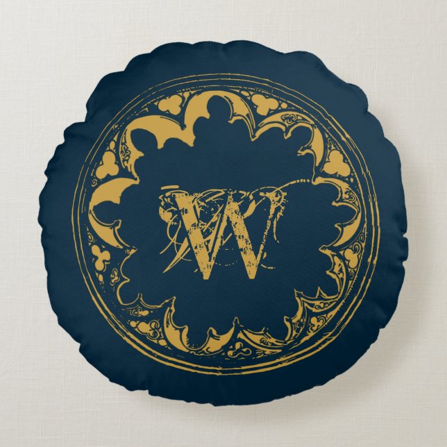 Blue & Gold Rustic Vintage Distressed Monogram  Round Cushion (Front)