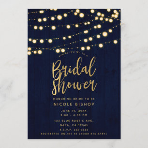 Blue Gold Rustic Wood & Lights Bridal Shower Invitation