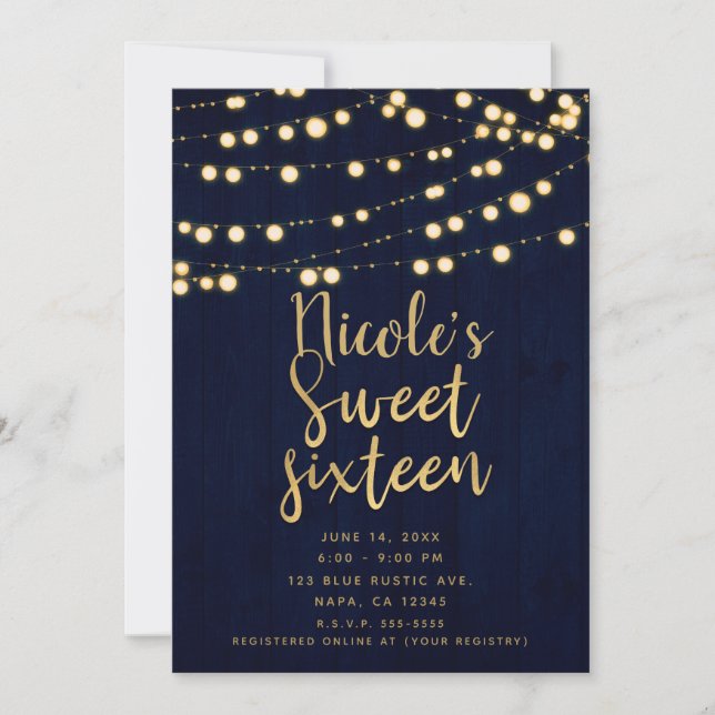 Blue Gold Rustic Wood & Lights Sweet 16 Invitation (Front)