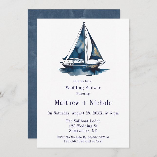 Blue & Gold Sailboat Nautical Wedding Shower Invitation (Front/Back)