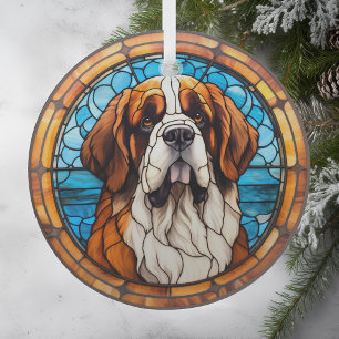 Blue Gold Saint Bernard Dog Stained Glass Tree Decoration