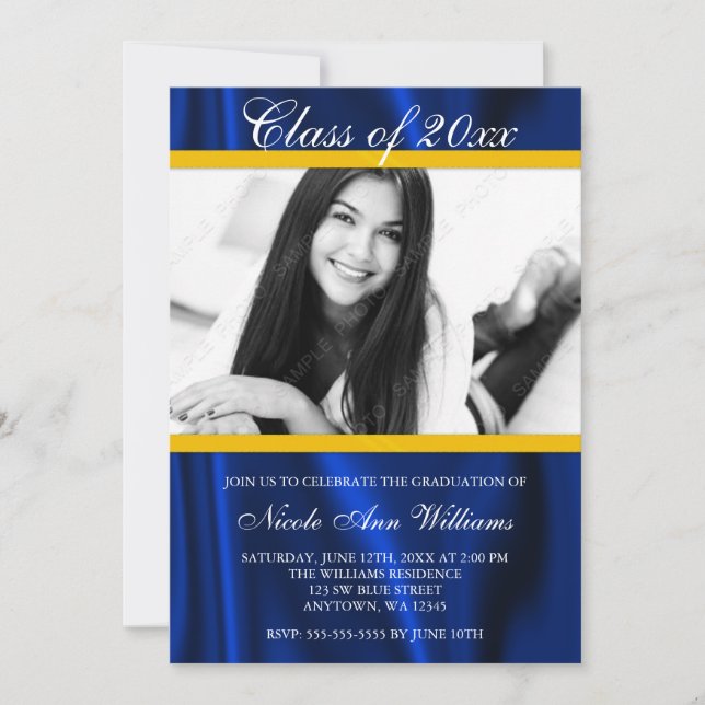 Blue Gold Satin Photo Graduation Announcement (Front)